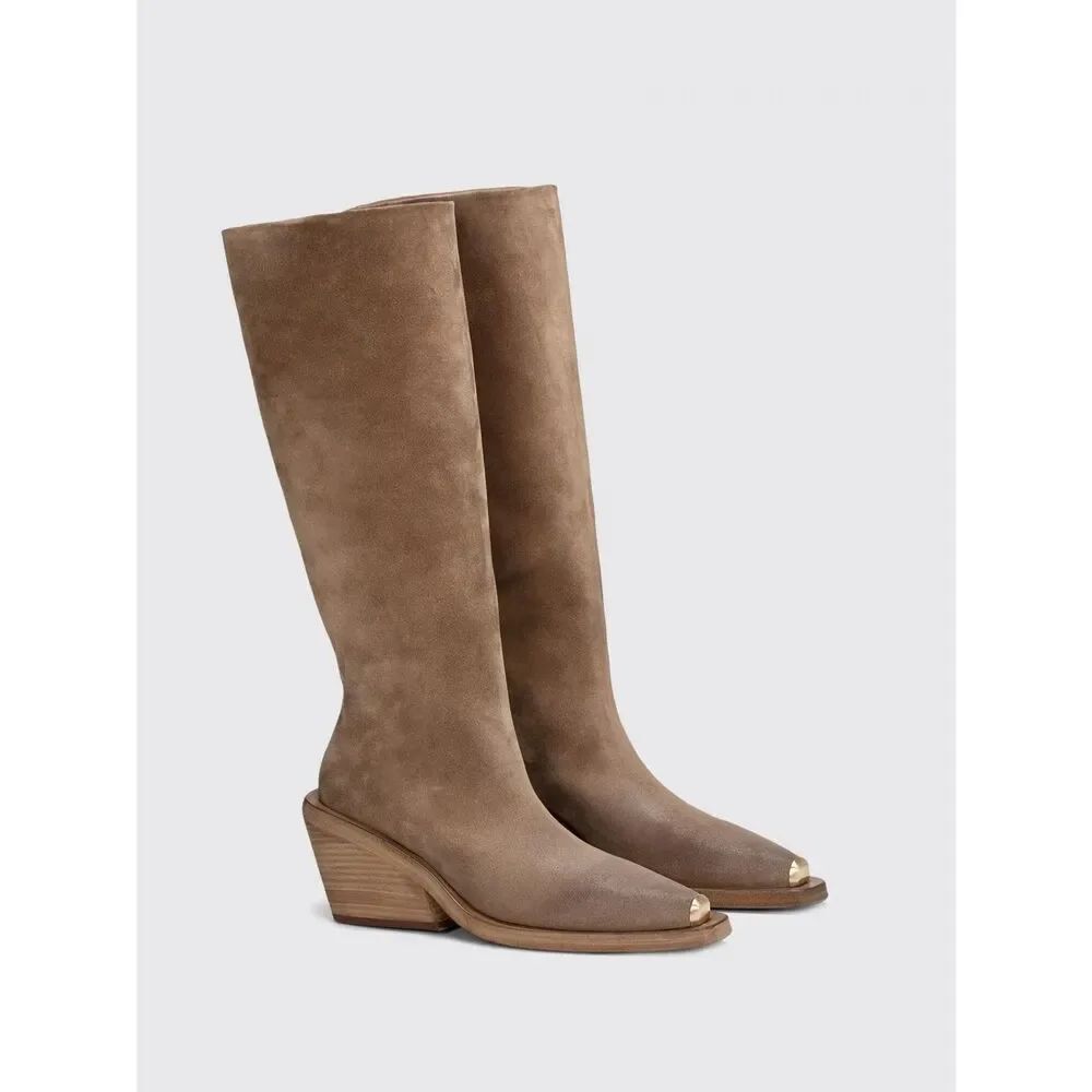 Marsell Womens Boots Suede Cowboy Block Heel Size 39/US 9 Taupe Brown